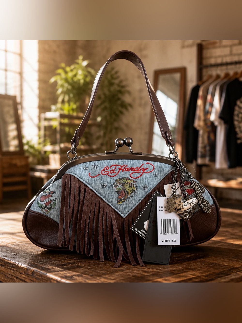 Ed Hardy Fringe Denim Shoulder Bag Kiss Lock Charms NWT